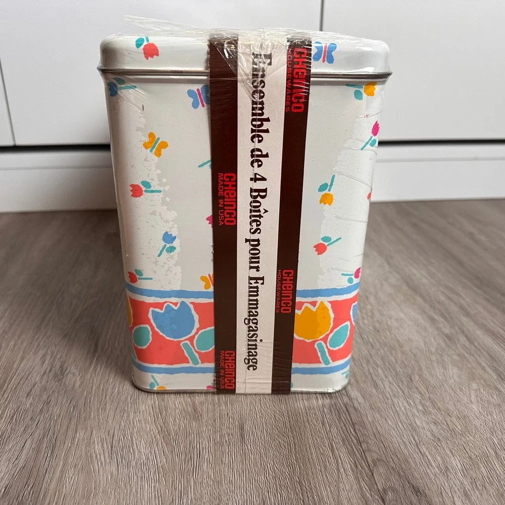 New VTG Cheinco Tulip Butterfly Storage Tin Can Set‎ 4 Piece Retro Kitchen Decor